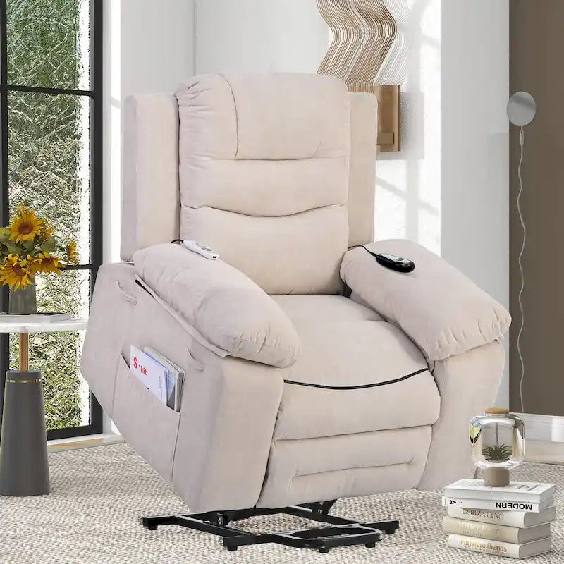 Fauteuil inclinable de massage pour seniors - Inclinaison motorisée, massage réglable, fonctions chauffantes, inclinaison à position infinie et poche latérale.