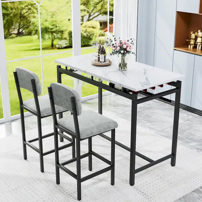Ensemble Table et Chaises de Bar de Cuisine, Ensemble de Table Hauteur Comptoir 3 Pièces avec Étagères de Rangement et 2 Chaises Rembourrées