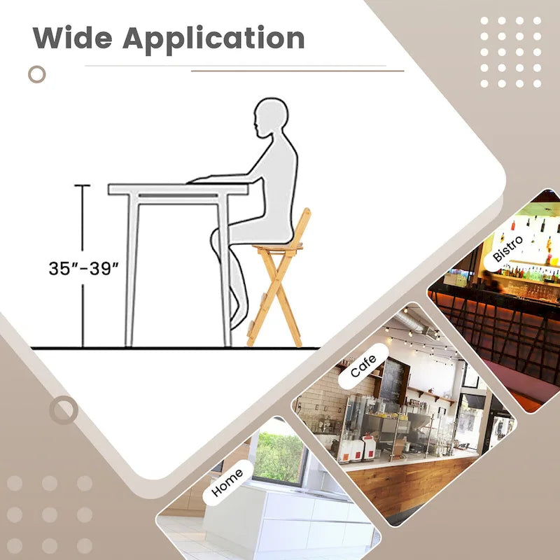 Lot de 2 tabourets de bar pliants en bambou, chaises de salle à manger hauteur comptoir