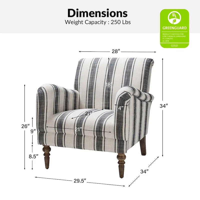 Fauteuil d'appoint rayé classique et contemporain avec pieds tournés