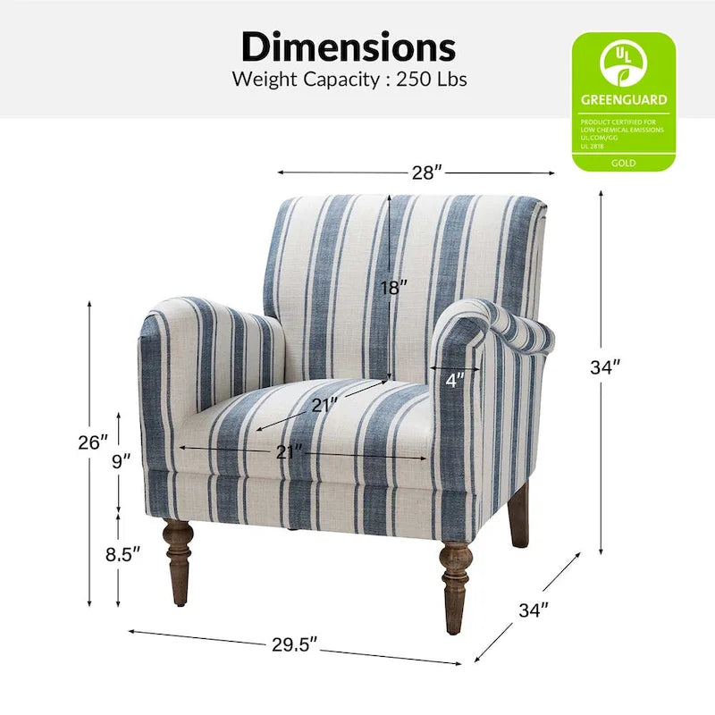 Fauteuil d'appoint rayé classique et contemporain avec pieds tournés