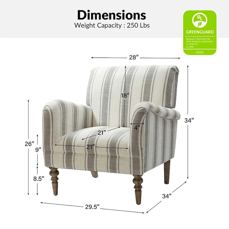 Fauteuil d'appoint rayé classique et contemporain avec pieds tournés