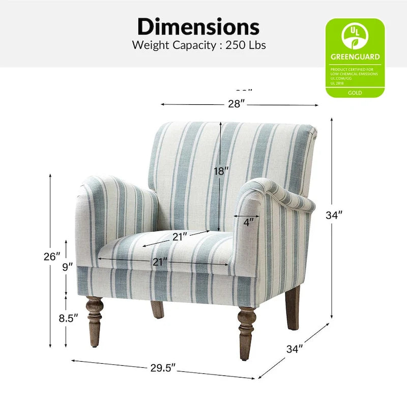 Fauteuil d'appoint rayé classique et contemporain avec pieds tournés