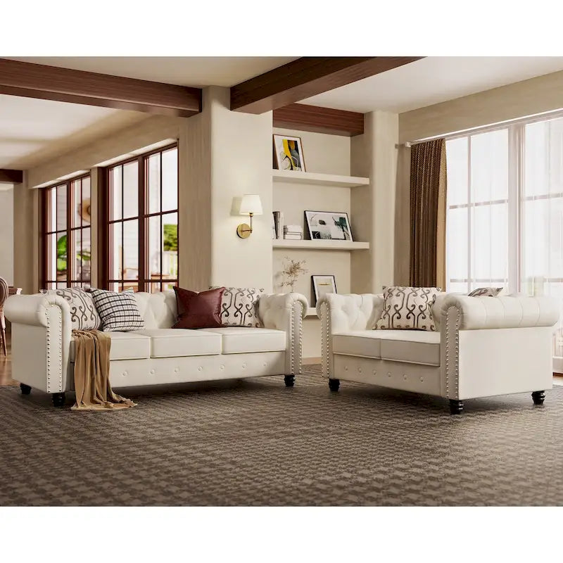 Ensemble causeuse et canapé Chesterfield classiques en velours capitonné (2 pièces) avec clous décoratifs