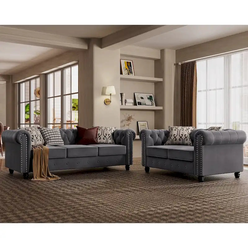 Ensemble causeuse et canapé Chesterfield classiques en velours capitonné (2 pièces) avec clous décoratifs