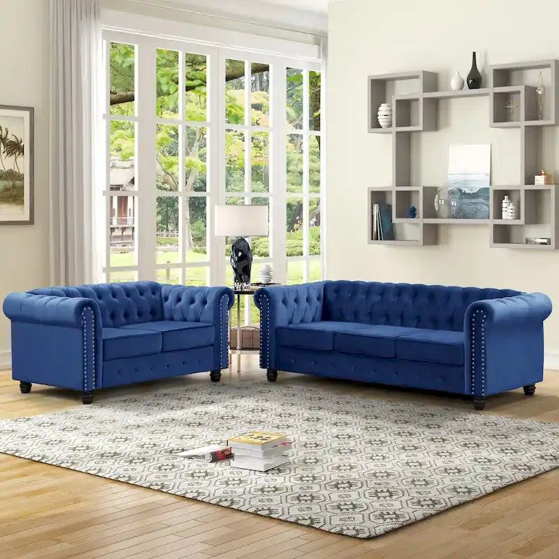 Ensemble causeuse et canapé Chesterfield classiques en velours capitonné (2 pièces) avec clous décoratifs