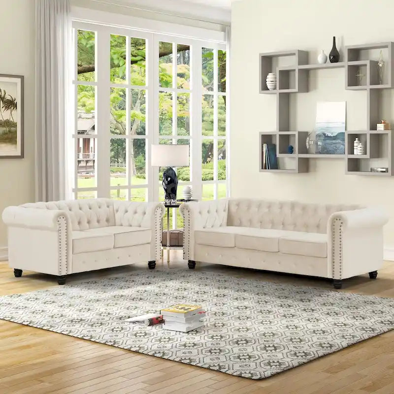 Ensemble causeuse et canapé Chesterfield classiques en velours capitonné (2 pièces) avec clous décoratifs