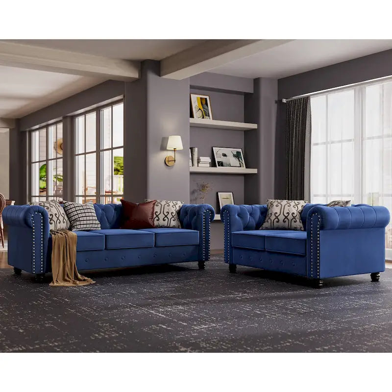 Ensemble causeuse et canapé Chesterfield classiques en velours capitonné (2 pièces) avec clous décoratifs