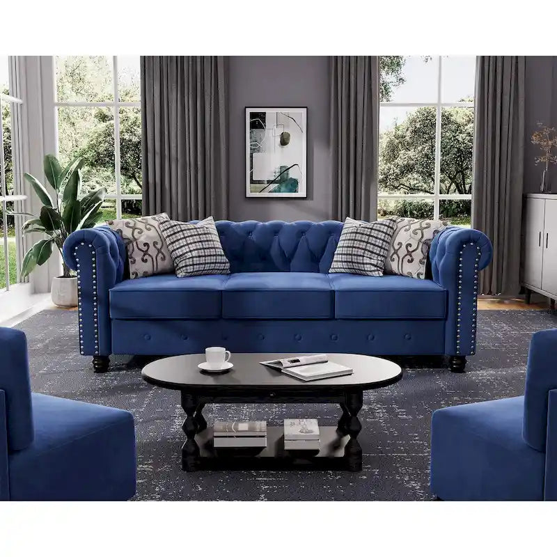 Ensemble causeuse et canapé Chesterfield classiques en velours capitonné (2 pièces) avec clous décoratifs