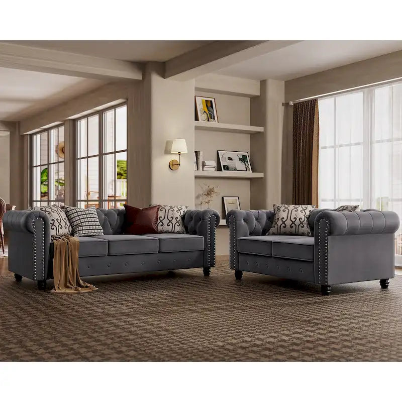 Ensemble causeuse et canapé Chesterfield classiques en velours capitonné (2 pièces) avec clous décoratifs
