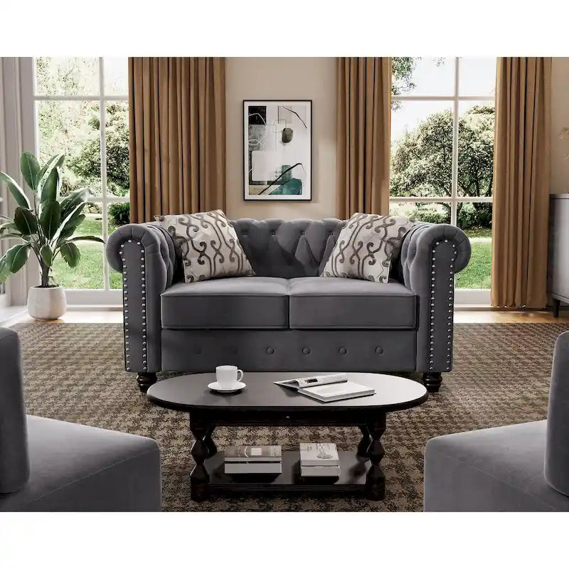 Ensemble causeuse et canapé Chesterfield classiques en velours capitonné (2 pièces) avec clous décoratifs
