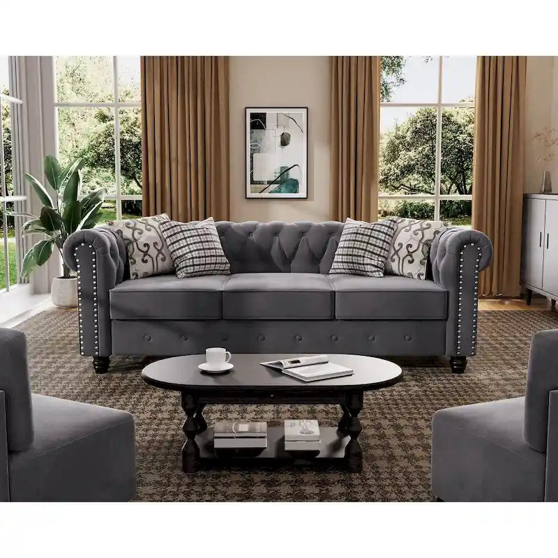 Ensemble causeuse et canapé Chesterfield classiques en velours capitonné (2 pièces) avec clous décoratifs
