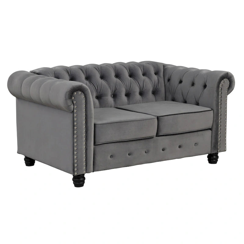 Ensemble causeuse et canapé Chesterfield classiques en velours capitonné (2 pièces) avec clous décoratifs