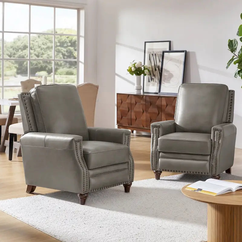 Fauteuil inclinable mi-siècle moderne en cuir véritable avec garniture cloutée (lot de 2)