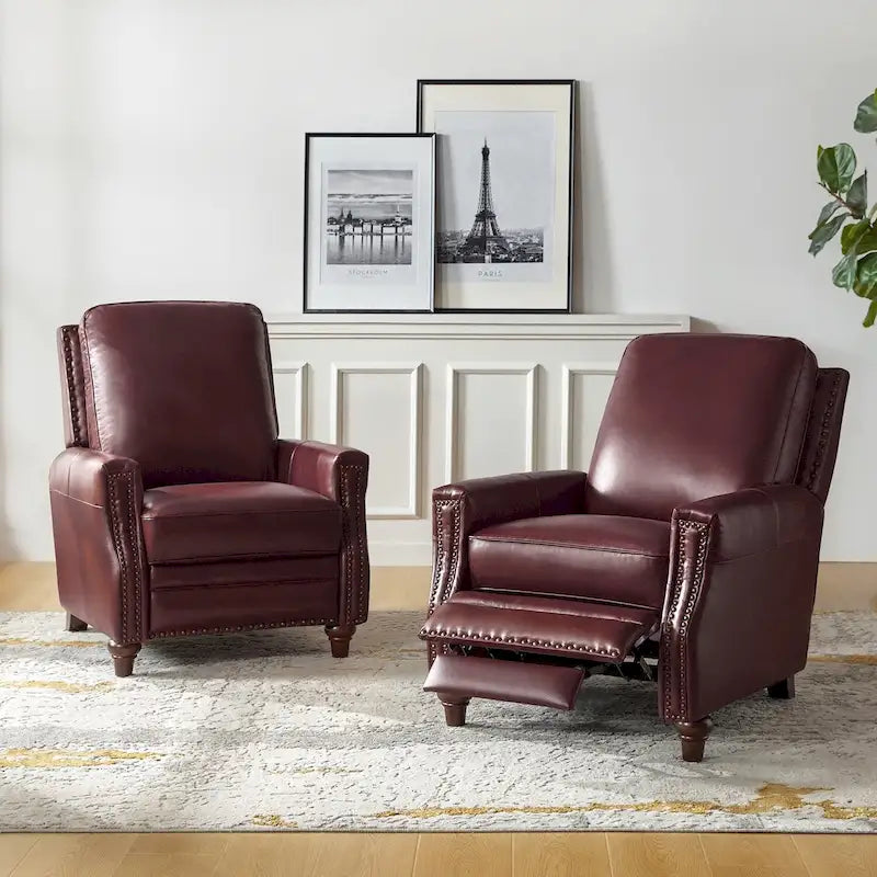 Fauteuil inclinable mi-siècle moderne en cuir véritable avec garniture cloutée (lot de 2)