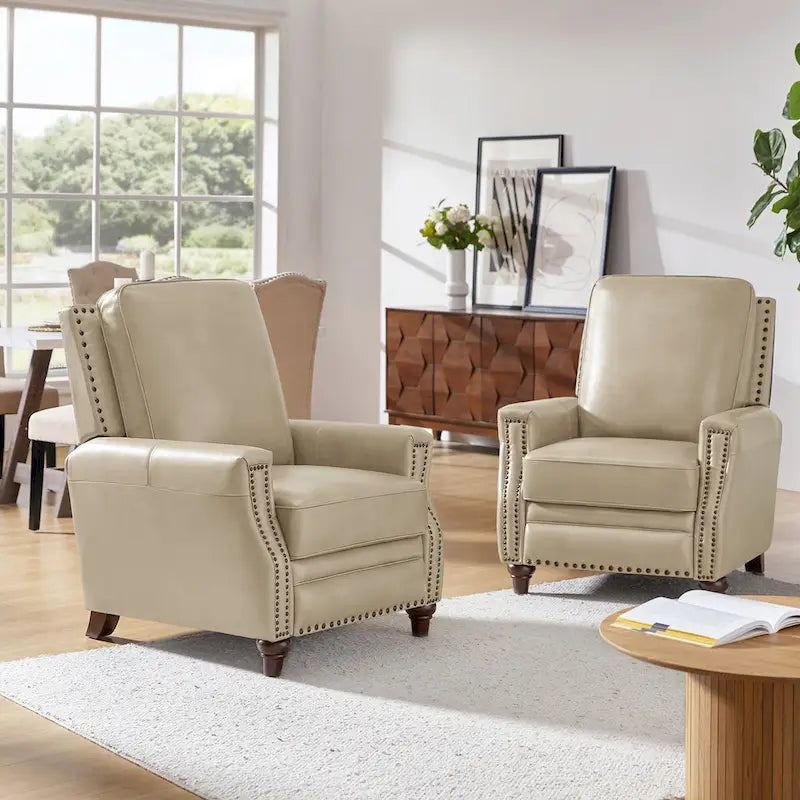 Fauteuil inclinable mi-siècle moderne en cuir véritable avec garniture cloutée (lot de 2)
