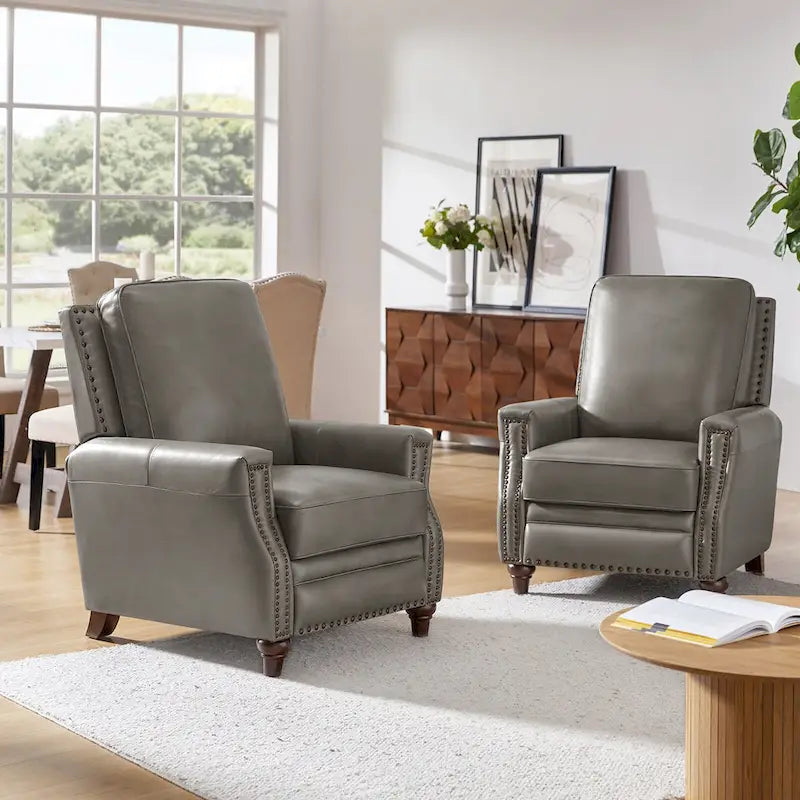 Fauteuil inclinable mi-siècle moderne en cuir véritable avec garniture cloutée (lot de 2)