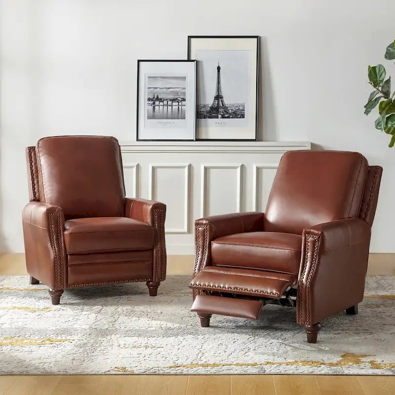 Fauteuil inclinable mi-siècle moderne en cuir véritable avec garniture cloutée (lot de 2)