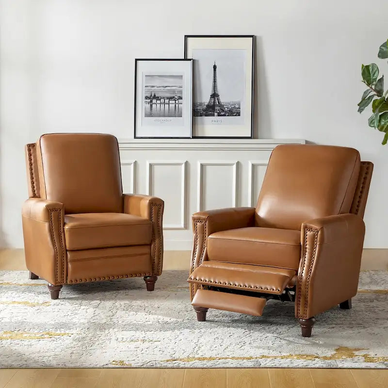Fauteuil inclinable mi-siècle moderne en cuir véritable avec garniture cloutée (lot de 2)