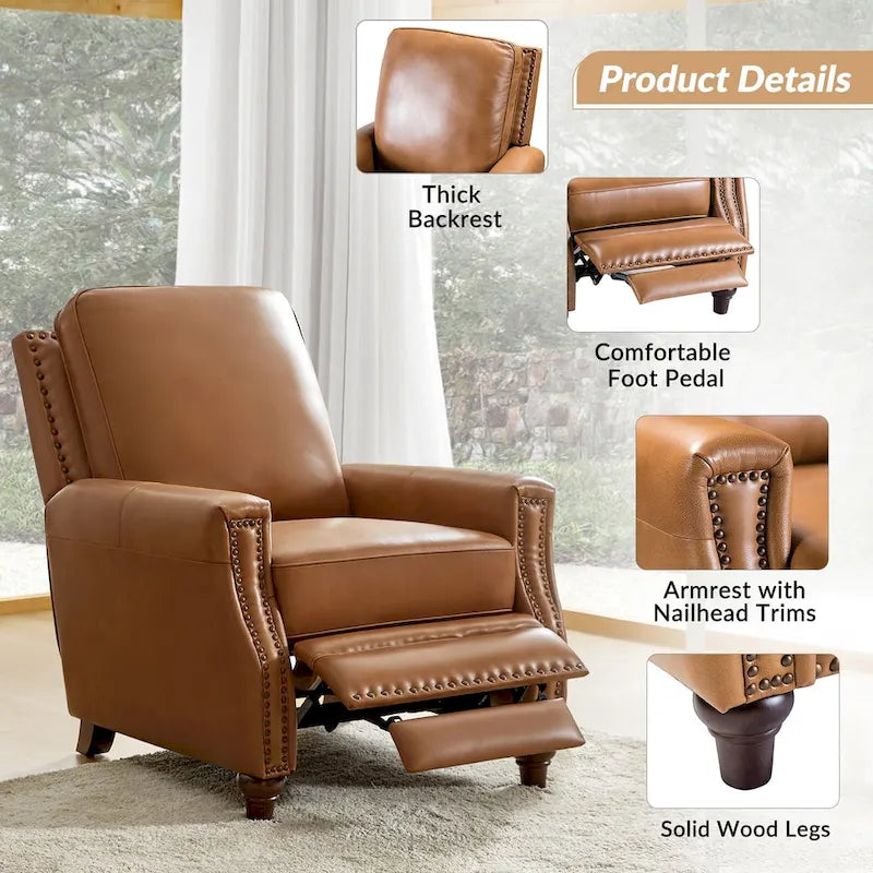 Fauteuil inclinable mi-siècle moderne en cuir véritable avec garniture cloutée (lot de 2)