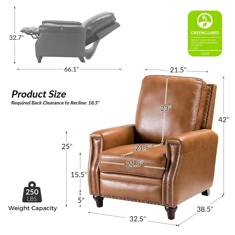 Fauteuil inclinable mi-siècle moderne en cuir véritable avec garniture cloutée (lot de 2)
