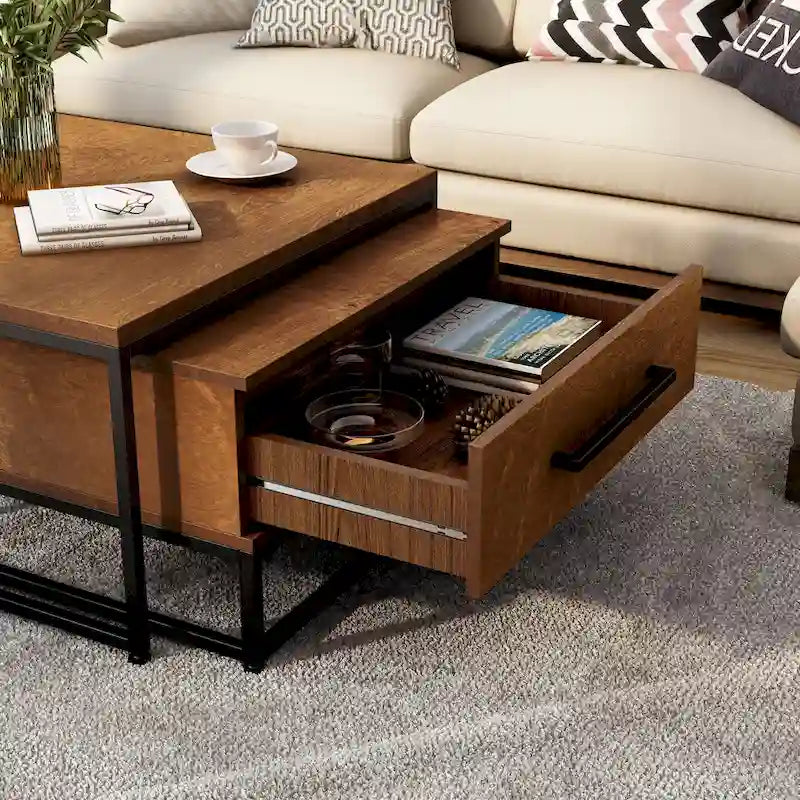Lot de 2 tables basses gigognes carrées rustiques marron en bois massif avec 1 tiroir