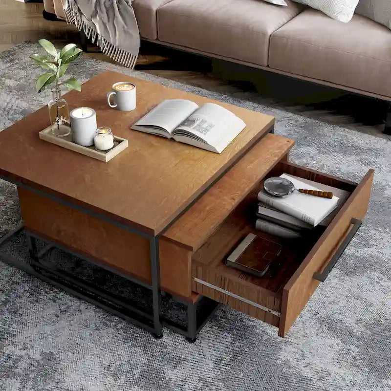 Lot de 2 tables basses gigognes carrées rustiques marron en bois massif avec 1 tiroir