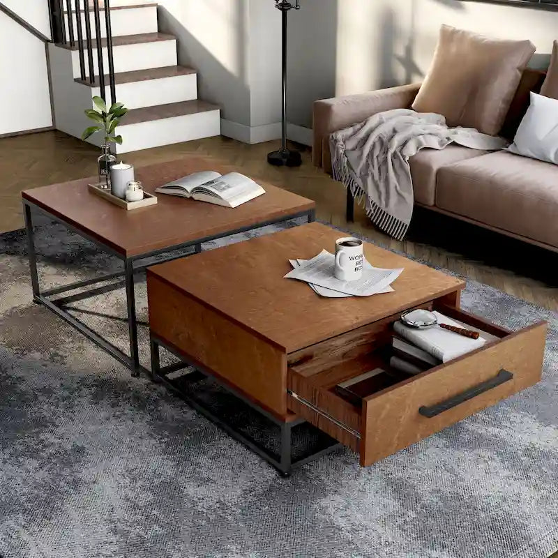 Lot de 2 tables basses gigognes carrées rustiques marron en bois massif avec 1 tiroir