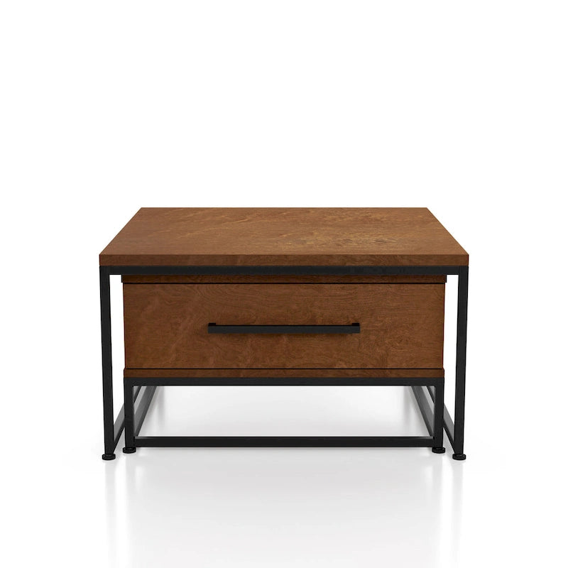 Lot de 2 tables basses gigognes carrées rustiques marron en bois massif avec 1 tiroir