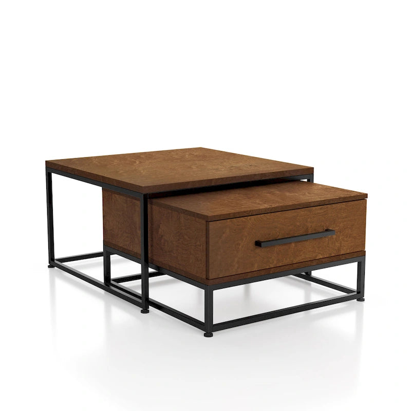 Lot de 2 tables basses gigognes carrées rustiques marron en bois massif avec 1 tiroir