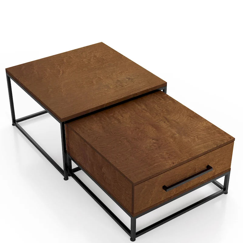 Lot de 2 tables basses gigognes carrées rustiques marron en bois massif avec 1 tiroir