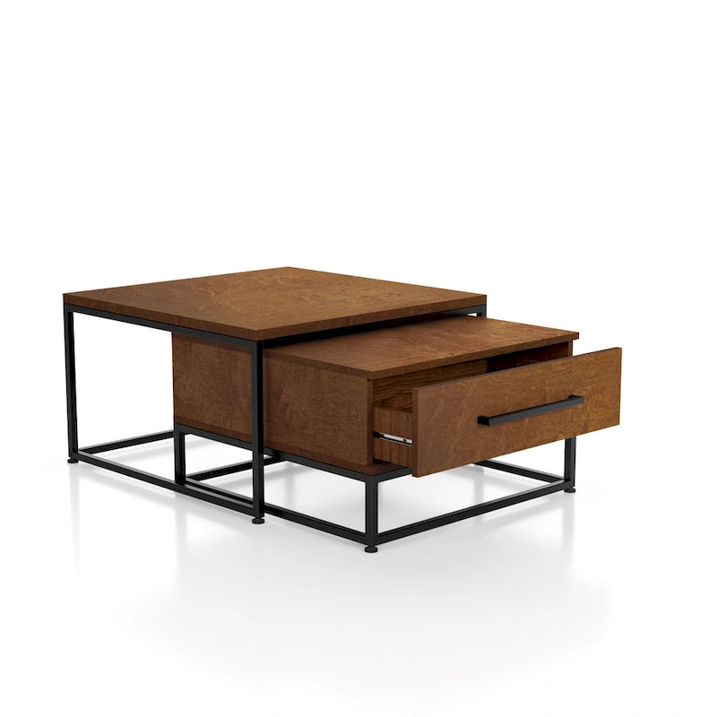 Lot de 2 tables basses gigognes carrées rustiques marron en bois massif avec 1 tiroir