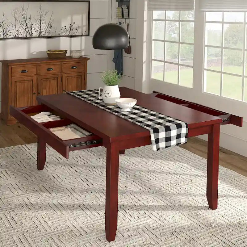 Table à manger rectangulaire en bois massif avec deux tiroirs