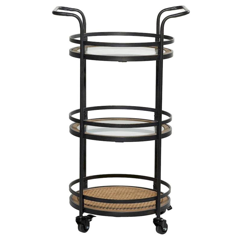 Desserte de bar roulante en métal avec 1 plateau en rotin et 2 étagères en verre, et des poignées - Marron - 16Lx21Px35H