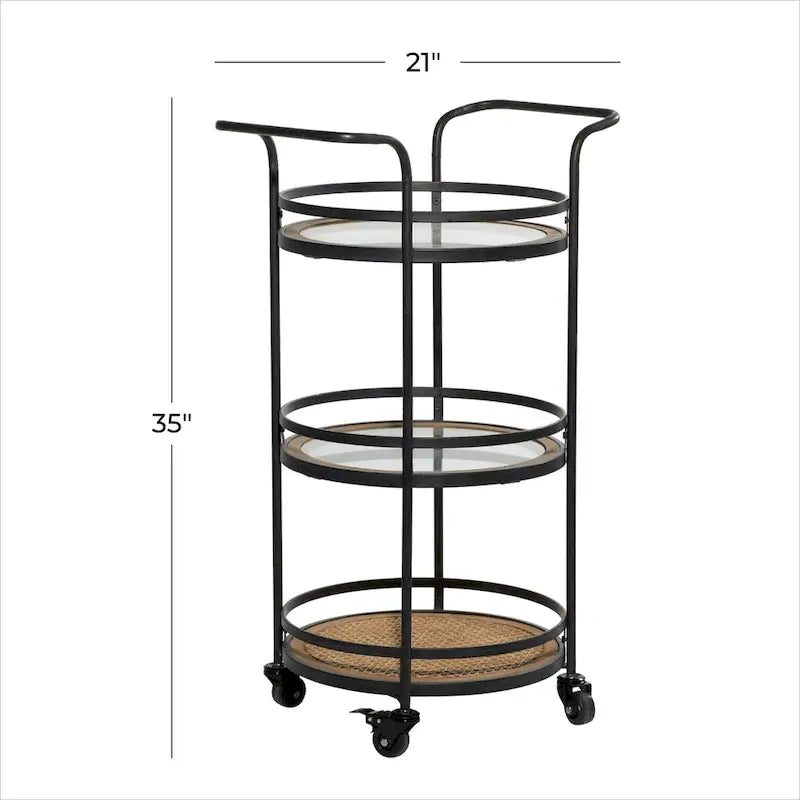 Desserte de bar roulante en métal avec 1 plateau en rotin et 2 étagères en verre, et des poignées - Marron - 16Lx21Px35H