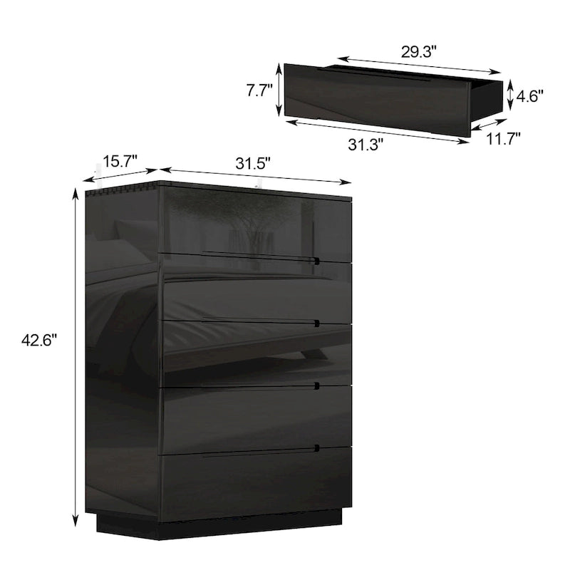 Commode de chambre à coucher en bois avec 5 tiroirs en blanc brillant avec lumière