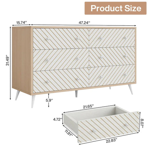 Commode double à 6 tiroirs pour chambre à coucher, commode de 120 cm avec pieds en métal pour salon