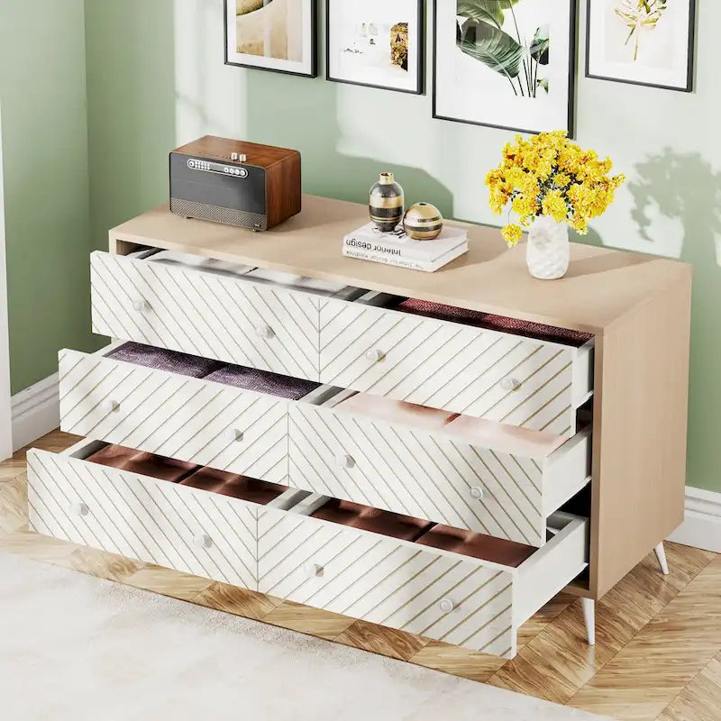 Commode double à 6 tiroirs pour chambre à coucher, commode de 120 cm avec pieds en métal pour salon