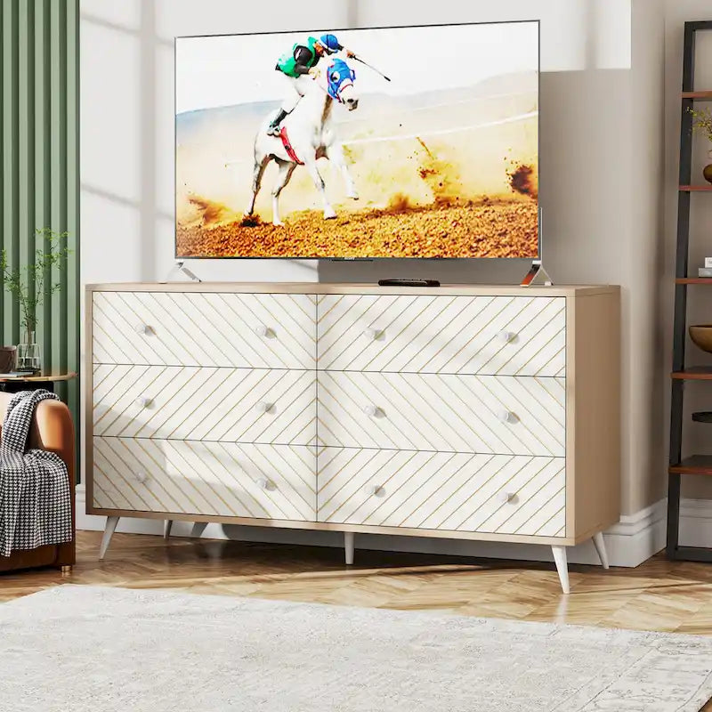 Commode double à 6 tiroirs pour chambre à coucher, commode de 120 cm avec pieds en métal pour salon