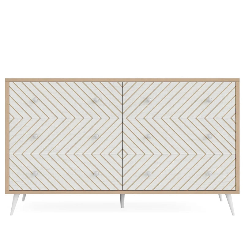 Commode double à 6 tiroirs pour chambre à coucher, commode de 120 cm avec pieds en métal pour salon