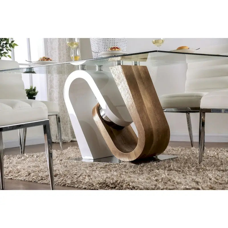 Table à manger Fen contemporaine blanche de 163 cm avec plateau en verre