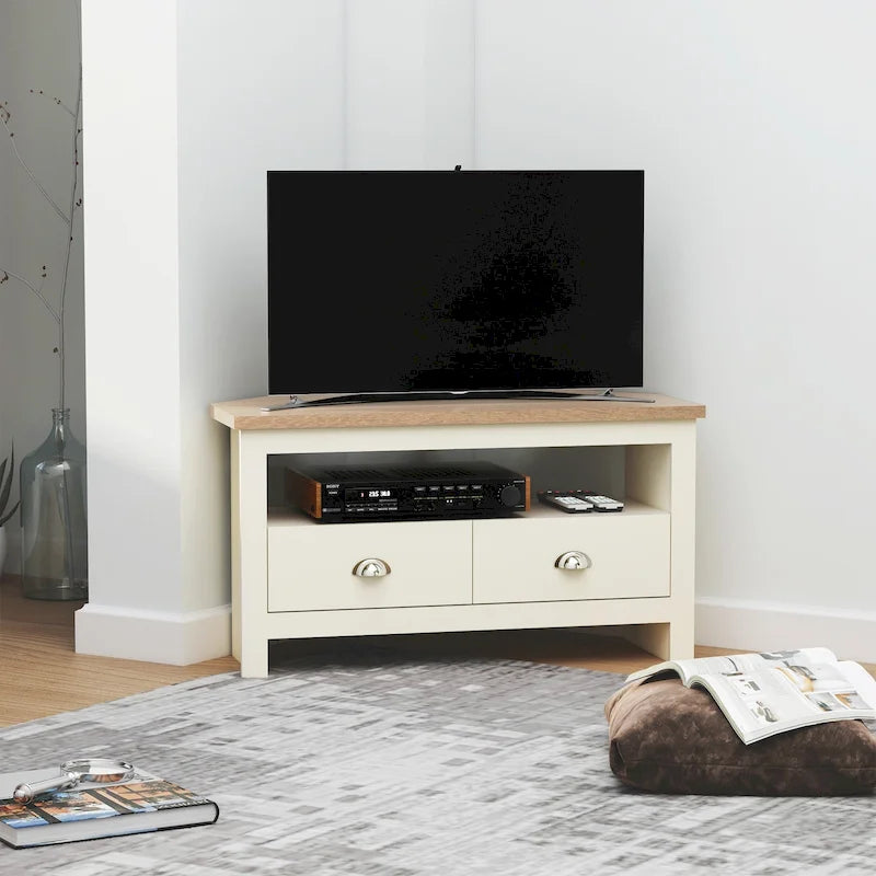 Meuble TV d'angle jusqu'à 50" - Meuble de divertissement avec 2 tiroirs et 1 compartiment de rangement