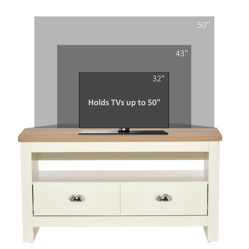 Meuble TV d'angle jusqu'à 50" - Meuble de divertissement avec 2 tiroirs et 1 compartiment de rangement