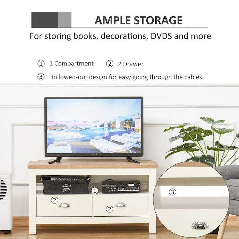 Meuble TV d'angle jusqu'à 50" - Meuble de divertissement avec 2 tiroirs et 1 compartiment de rangement