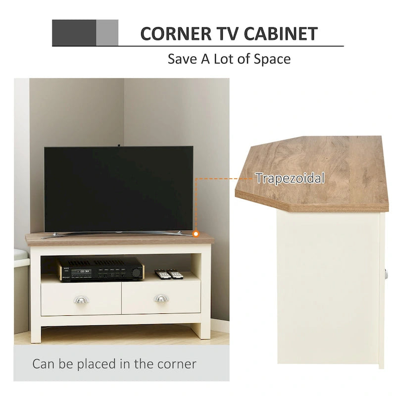 Meuble TV d'angle jusqu'à 50" - Meuble de divertissement avec 2 tiroirs et 1 compartiment de rangement