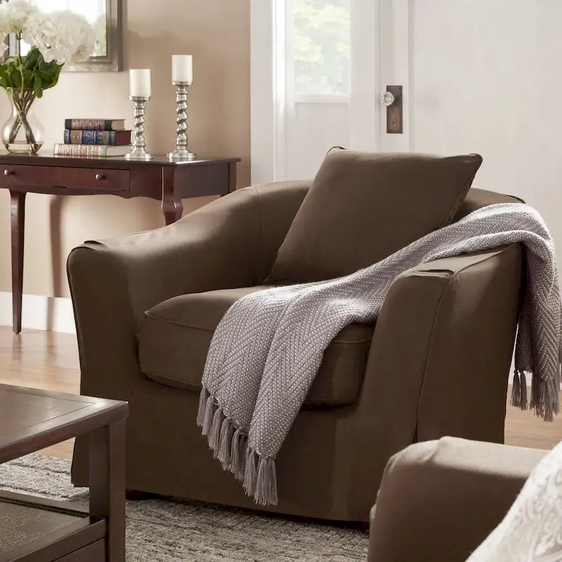 Fauteuil déhoussable en plumes et duvet, avec accoudoirs évasés de style anglais