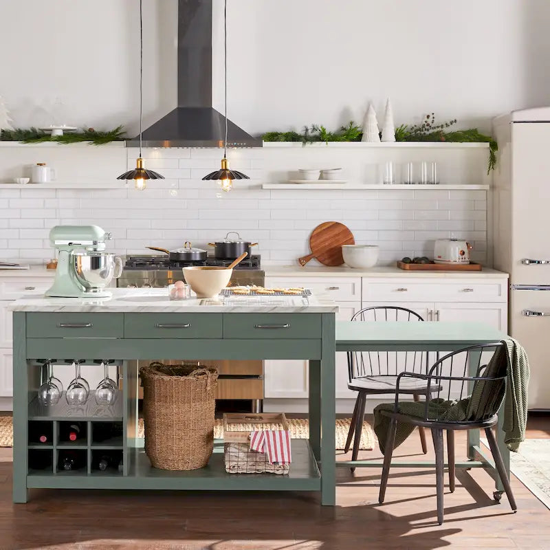 Îlot de cuisine en bois de ferme multi-rangements avec plateau en faux marbre