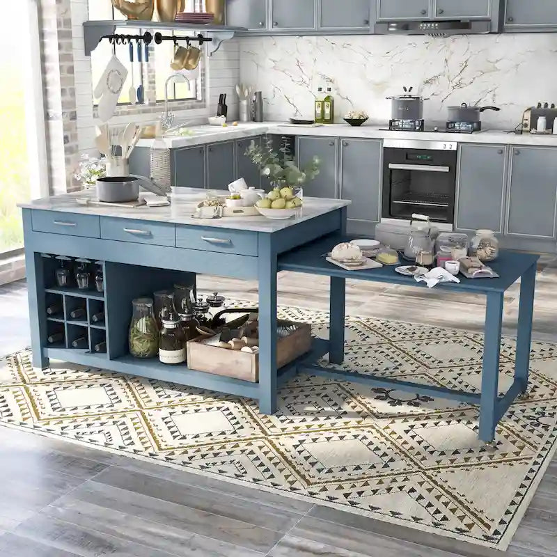 Îlot de cuisine en bois de ferme multi-rangements avec plateau en faux marbre