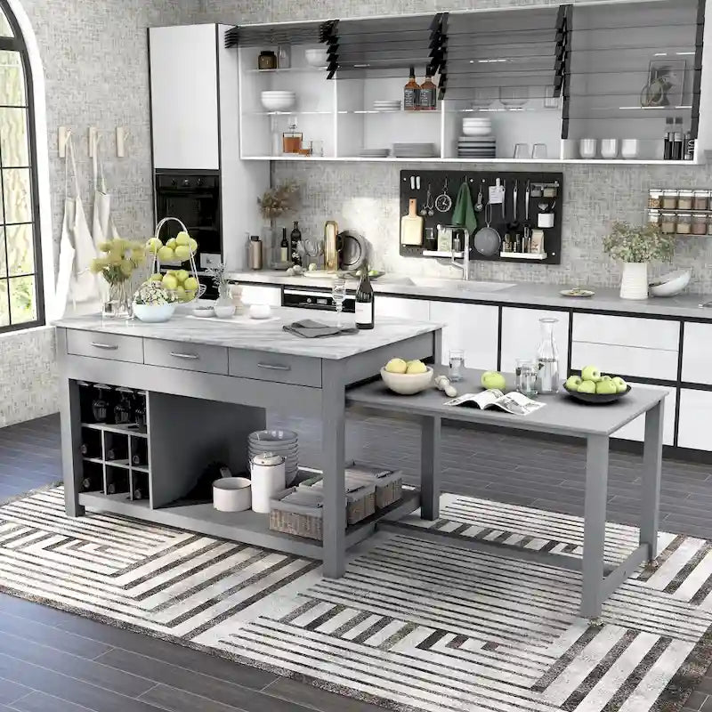 Îlot de cuisine en bois de ferme multi-rangements avec plateau en faux marbre