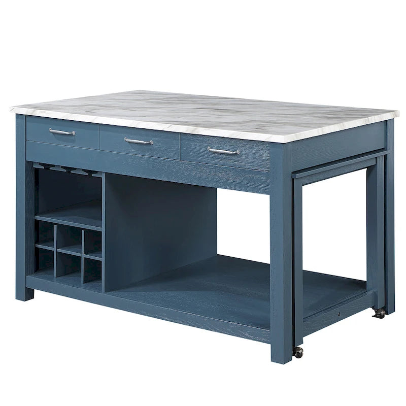 Îlot de cuisine en bois de ferme multi-rangements avec plateau en faux marbre